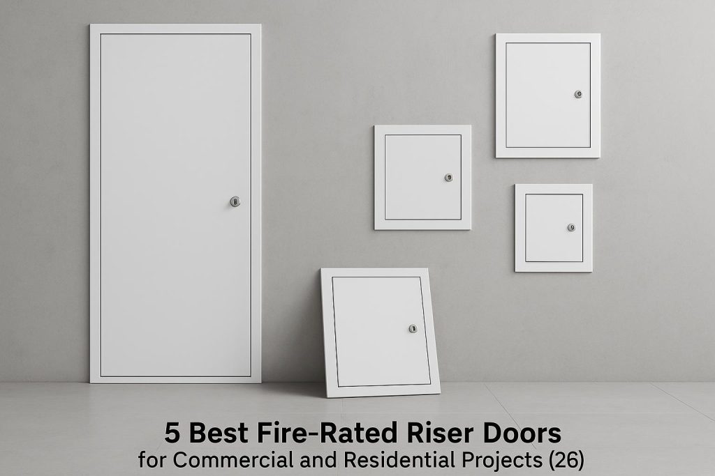 Fire rated riser doors installed in a modern commercial and residential building hallway