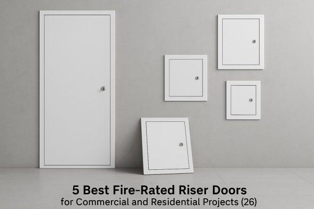 Fire rated riser doors installed in a modern commercial and residential building hallway