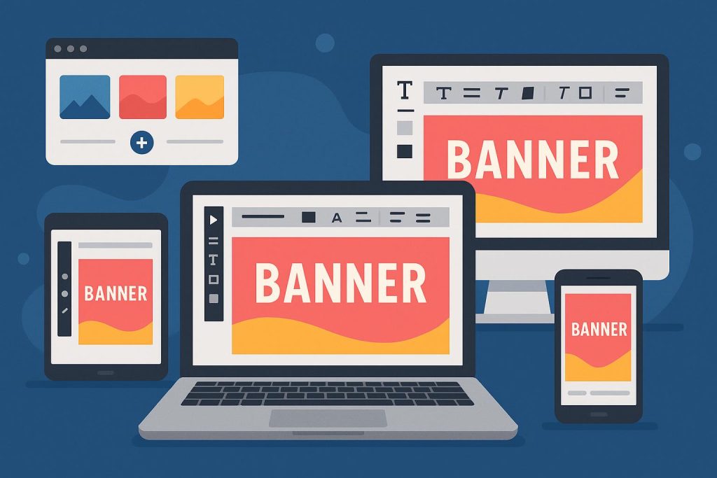 Colorful custom banners displayed online, showcasing top websites for banner design services