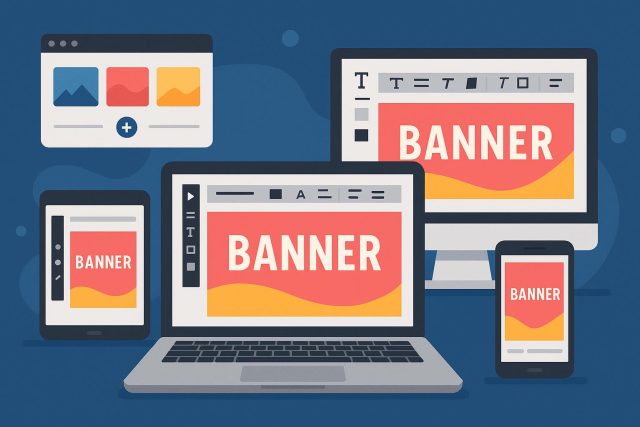 Colorful custom banners displayed online, showcasing top websites for banner design services