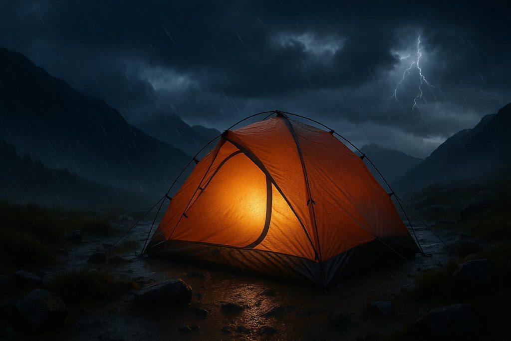 Waterproof tent set up securely in a rainy, windy outdoor environment for rough weather camping