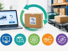 Warehouse workers sorting returned ecommerce packages for efficient reverse logistics management