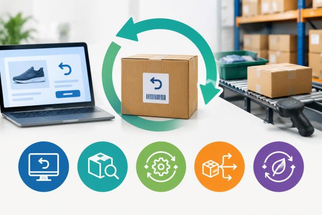 Warehouse workers sorting returned ecommerce packages for efficient reverse logistics management