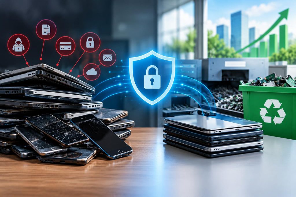 Discarded laptops and smartphones highlighting cybersecurity risks in business IT asset disposal
