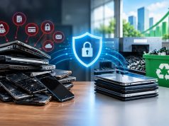 Discarded laptops and smartphones highlighting cybersecurity risks in business IT asset disposal