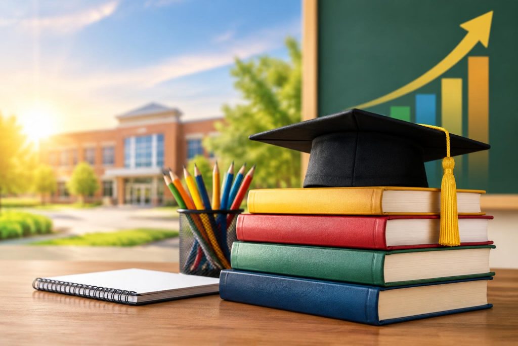 Educational leadership concept with books and chalkboard illustrating academic achievement strategies