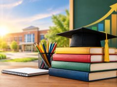 Educational leadership concept with books and chalkboard illustrating academic achievement strategies