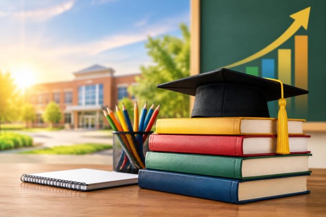 Donyall Dickey: Strategies for Raising Academic Achievement Reflect Decades of School Leadership Educational leadership concept with books and chalkboard illustrating academic achievement strategies