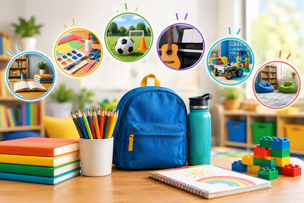 Colorful classroom with children playing and caregivers supervising after-school activities