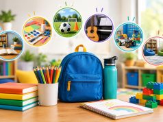 Colorful classroom with children playing and caregivers supervising after-school activities