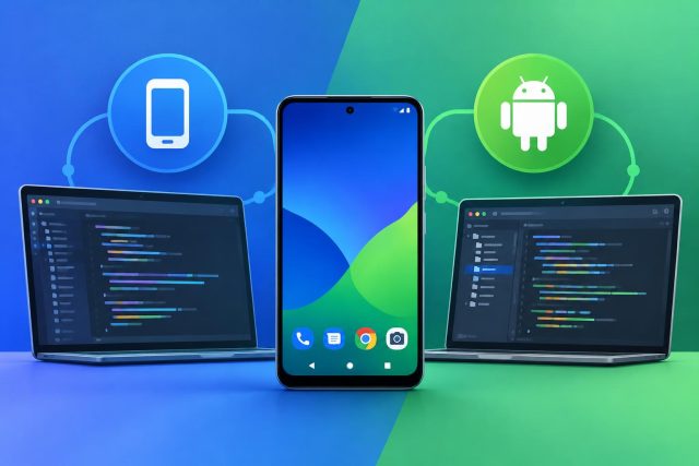 Building for Mobile: Why Your App Needs Both Mobile and Native Android Developers Smartphone with app icons and Android logo illustrating mobile and native app development