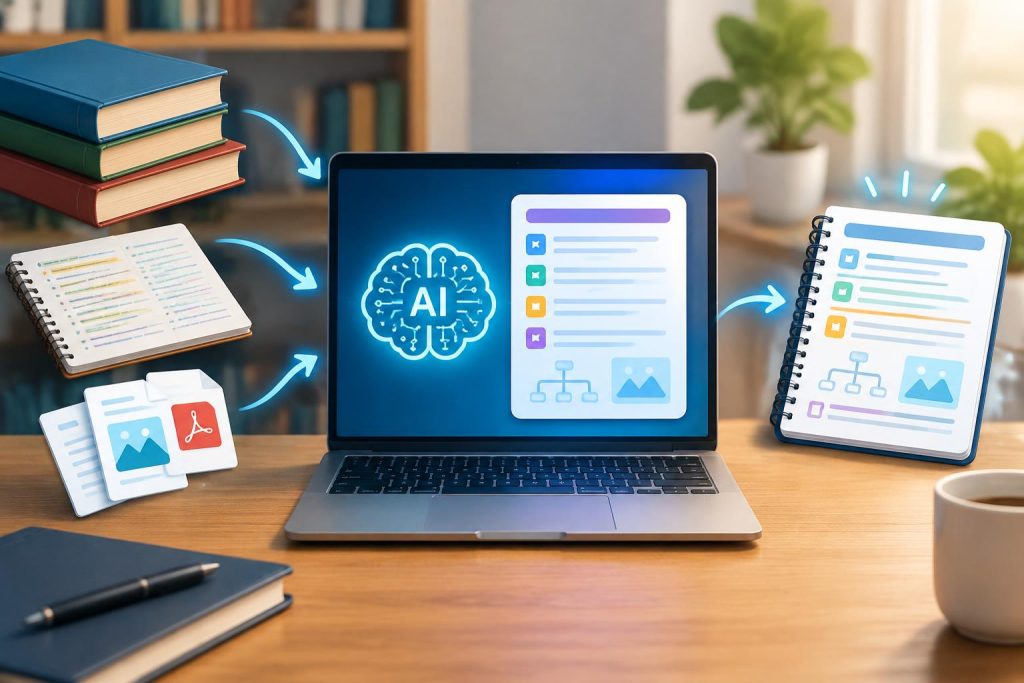 AI-powered digital study guide with highlighted notes and textbooks on a laptop screen