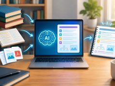 AI-powered digital study guide with highlighted notes and textbooks on a laptop screen