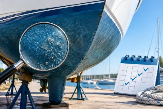 Boat hull being inspected for maintenance, emphasizing regular checks for safety and performance