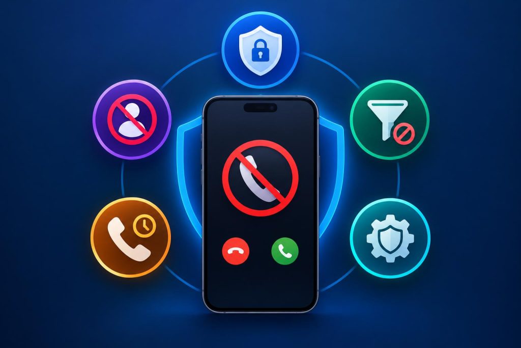 Mobile app interface showing call blocking, security icons, and privacy protection features