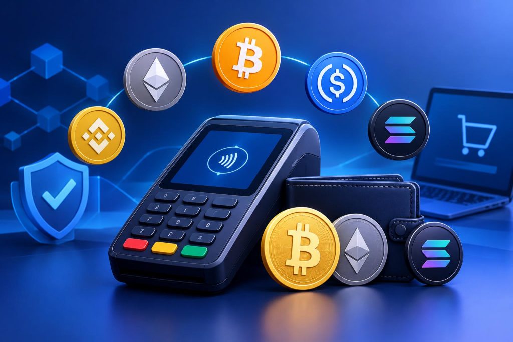 Digital coins and credit cards representing leading crypto payment processors for businesses