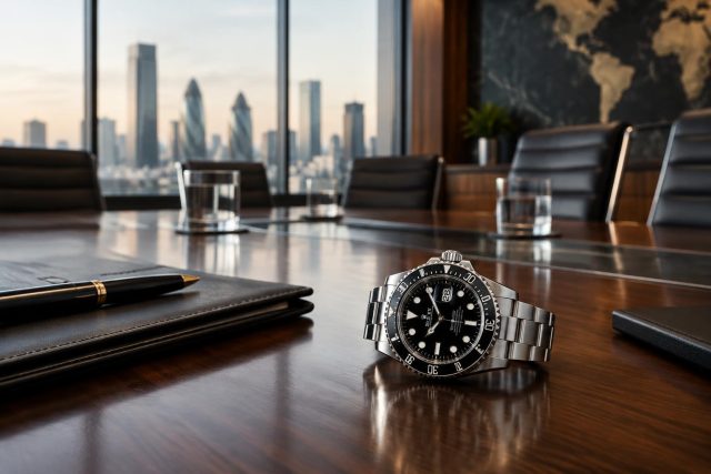 Rolex in the Boardroom: Subtle Status Symbol or Unnecessary Distraction? Luxury Rolex watch on executive desk highlighting status in high-level business meeting setting