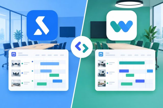 Skedda vs WorkInSync: How to Compare Meeting Room Booking Software Skedda and WorkInSync meeting room booking software comparison concept illustration