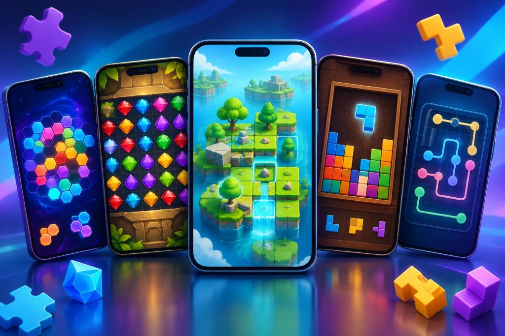 Colorful puzzle game icons and smartphone screens showcasing trending mobile puzzle games
