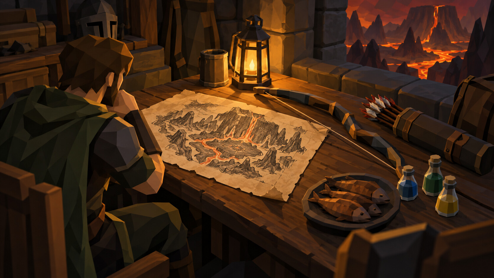 A workbench holding ranged gear and supplies beside a volcanic route map.