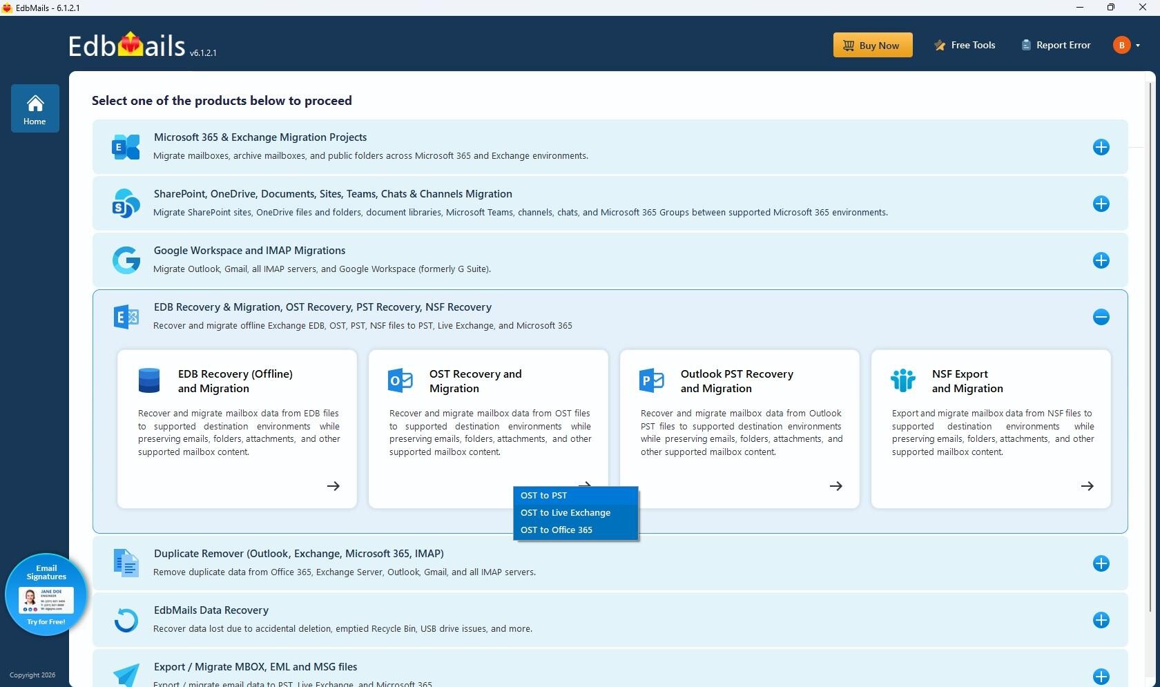 EdbMails 6.1.2.1 product selection screen showing OST Recovery and Migration with OST to PST option