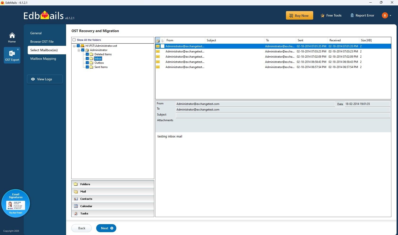 EdbMails 6.1.2.1 OST mailbox preview screen showing folders and email preview before PST conversion