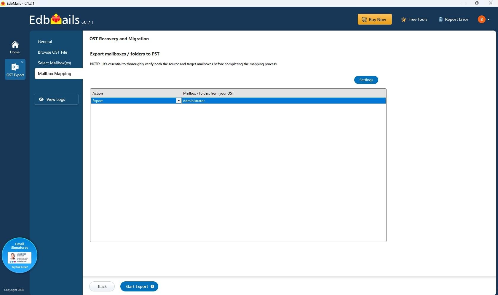 EdbMails 6.1.2.1 mailbox mapping screen for exporting selected OST mailbox folders to PST